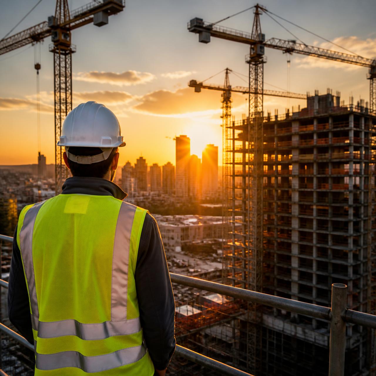 Construction worker overlooking a skyline at sunset